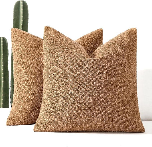 Boucle Decorative Throw Pillow Covers for Couch Set of 2, 24x24 inches, Tobacco