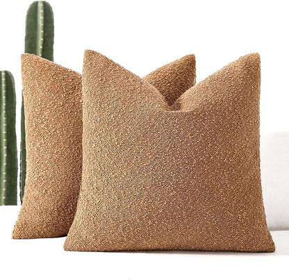 Boucle Decorative Throw Pillow Covers for Couch Set of 2, 26x26 inches, Tobacco