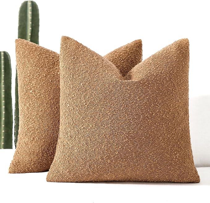 Boucle Decorative Throw Pillow Covers for Couch Set of 2, 18x18 inches, Tobacco