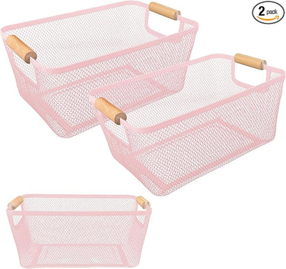 PTSGCAI 2Pack Metal Mesh Steel Basket with Bamboo Handle - Wire Metal Basket for Kitchen Organization, 12" Wide Food Organizer Bin, Perfect for Organizing Bulk Pantry (PINK)