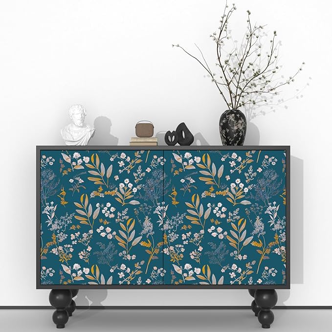 Vintage Wallpaper Peel and Stick Dark Blue Floral Wallpaper 17.5'' x 118'' Gold Leaf Contact Paper Vinyl Waterproof Self Adhesive Boho Botanical Wall Paper for Bedroom Cabinet Décor