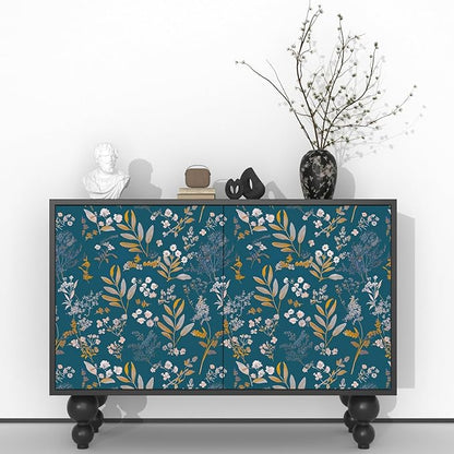 Vintage Wallpaper Peel and Stick Dark Blue Floral Wallpaper 17.5'' x 118'' Gold Leaf Contact Paper Vinyl Waterproof Self Adhesive Boho Botanical Wall Paper for Bedroom Cabinet Décor