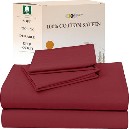 California Design Den Natural 100% Cotton Sheets Full Size Bed Set with Deep Pockets - Soft Sateen Weave, Durable Sheets (Brick Red)