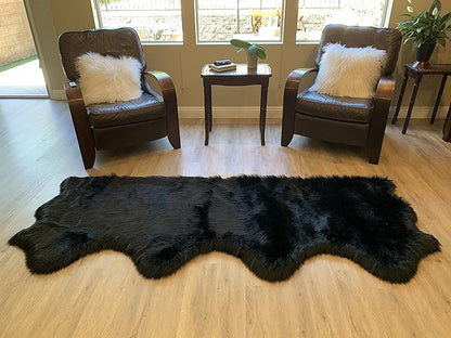 LAMBZY Faux Sheepskin Super Soft Hypoallergenic Silky Shag Rug for Living Room, Kids Room, Sofa (Quarto 4 Pelts Side by Side 3'x8', Black)