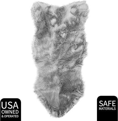 2 x 4 ft Fluffy Gray Faux Sheepskin Rug – Luxurious Faux Fur Rug for Bedroom, Living Room, or Nursery – Soft and Cozy Decor Accent