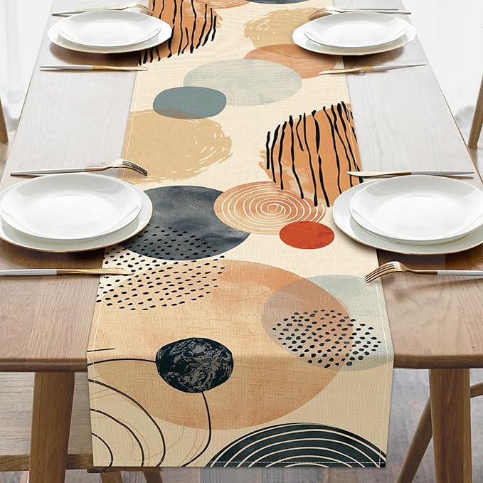 Boho Modern Geometric Dining Table Runner, Circle Abstract Art Burlap Kitchen Decoration, Minimalist Indoor Outdoor Home Decor Party Supply 13 x 72 Inches