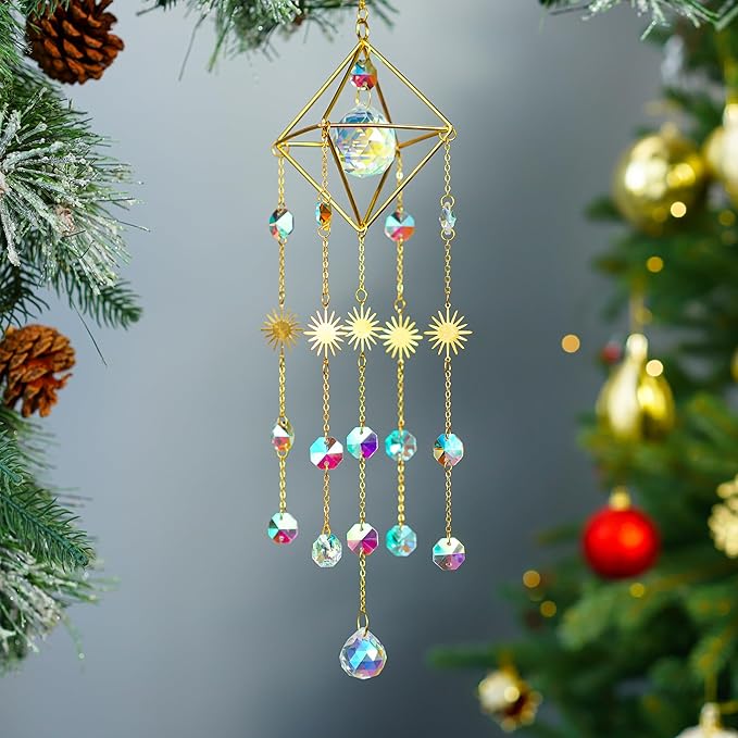HDCRYSTALGIFTS 17inch Crystal Prisms Suncatcher for Window Hanging Gold-Plated Crystal Sun Catcher Indoor Window Rainbow Maker Home Garden Christmas Tree Decoration