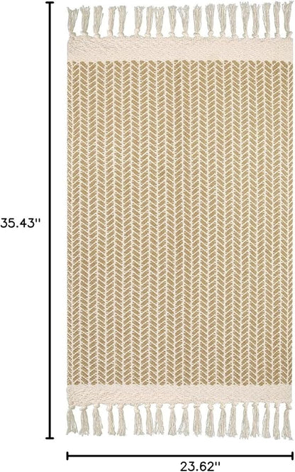 Lahome Boho Bathroom Rugs, Small 2x3 Front Door Mat Lightweight Kitchen Rug Woven Cotton Area Rug with Tassels, Farmhouse Non Shedding Washable Throw Rug Low Pile Carpet for Entry Laundry, Khaki