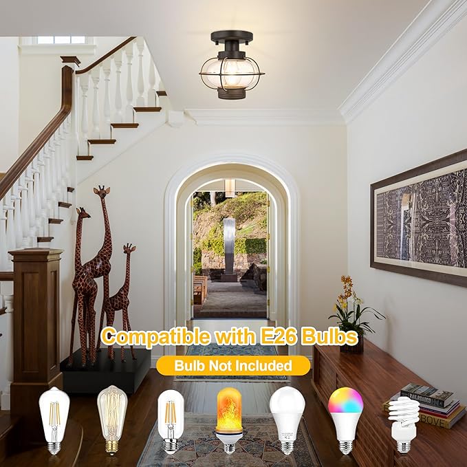 Kalium Porch Ceiling Light Fixture, Outdoor Flush Mount Ceiling Light with Glass Globe Shade, E26 Standard Base Industrial Farmhouse Lamp for Hallway Bedroom Balcony Porch Stairway