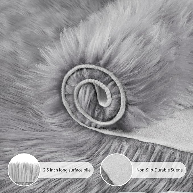 Ciicool Ultra Soft Faux Sheepskin Fur Rug Fluffy Chair Rug for Sofa Couch Seat Cushion.Shaggy Furry Small 2x4 Grey Bedroom Fuzzy Carpet for Living Room Kid's Room Nursery Decor