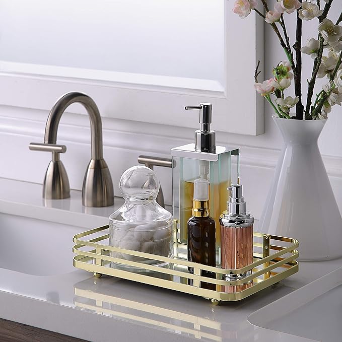 SunnyPoint Classic Decorative Vanity Perfume Dresser Jewelry Organizer Makeup Mirror Tray (Polished Gold)