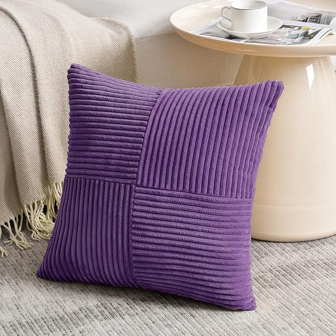 Fancy Homi 2 Packs Purple Decorative Throw Pillow Covers 22x22 Inch for Living Room Couch Bed, Farmhouse Boho Home Decor, Soft Corss Corduroy Patchwork Accent Square Cushion Case 55x55 cm
