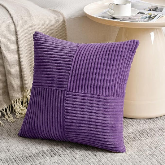 Fancy Homi 2 Packs Purple Decorative Throw Pillow Covers 22x22 Inch for Living Room Couch Bed, Farmhouse Boho Home Decor, Soft Corss Corduroy Patchwork Accent Square Cushion Case 55x55 cm