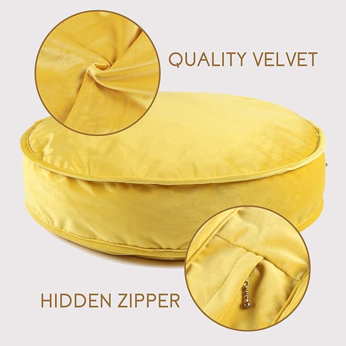 Velvet Floor Pillows Round Chair Cushion Couch Throw Pillow Soft Pouf Seat Mattress Bean Bag for Reading Nook Play Room (19.7",Yellow)