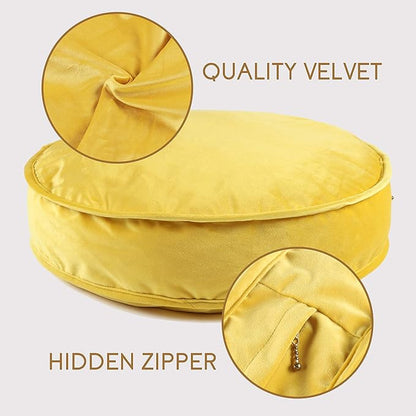 Velvet Floor Pillows Round Chair Cushion Couch Throw Pillow Soft Pouf Seat Mattress Bean Bag for Reading Nook Play Room (19.7",Yellow)