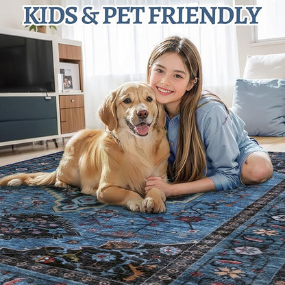 Tangsoo Blue 2x3 Washable Rugs for Entryway Oriental Non Slip Small Area Rug, Vintage Indoor Front Door Rug, Print Door Mat Indoor Entrance Soft Low Pile Throw Rug for Entry Kitchen Bedroom Blue/Black