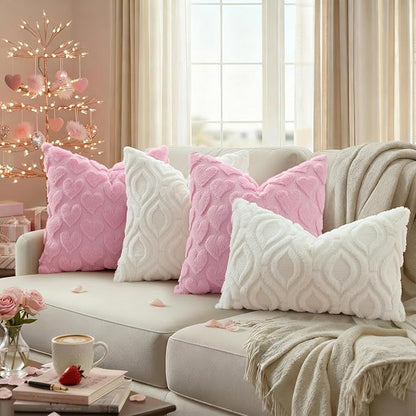 decorUhome Valentine’s Day Soft Plush Throw Pillow Covers 12x20 Inch Set of 2, Faux Fur Pink Heart Decoration Neutral Lumbar Pillow Covers for Couch Sofa Bed Cozy Farmhouse Holiday Decor