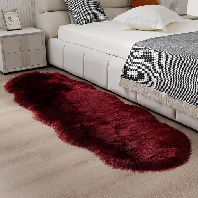 Faux Fur Rug Runner 2x6 ft Burgundy - Machine Washable Super Soft Plush Shaggy Fluffy Area Carpet,Sheepskin Rug Fuzzy Floor Mat for Bedroom, Sofa,Living Room, Bedside, Nursery & Kids Room