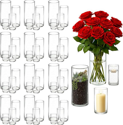 48 Pack Glass Cylinder Vases 4,6,8,10 Inch Multi-Use Flower Vases & Hurricane Floating Candle Holders for Wedding Table Centerpieces, Home Decor & Party Decorations