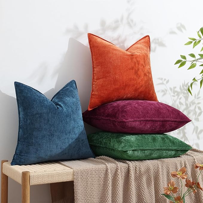 decorUhome Spring Couch Euro Sham Throw Pillow Covers 26x26 Set of 2, Decorative Soft Velvet Neutral Chenille Pillow Covers with Elegant Design for Sofa Bed Living Room Home Decor, Green