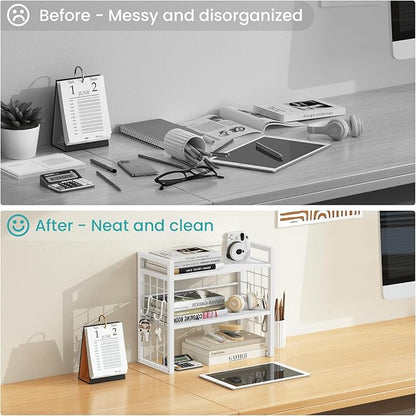 ELITEROO Desk Shelf Organizer, 2 Tier Wood Desktop Bookshelf Storage Rack, Freestanding Tabletop Organizer for Top of Desk, Office Supplies, Books & Decorations, White