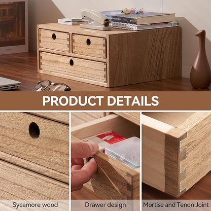 Kirigen Wooden Desktop Organizer - Office Supplies Filing Tidy Storage Shelf - Storage Cabinet/Jewelry Organizer with 3 Drawers(BR, 2-Layer &3 Drawers)