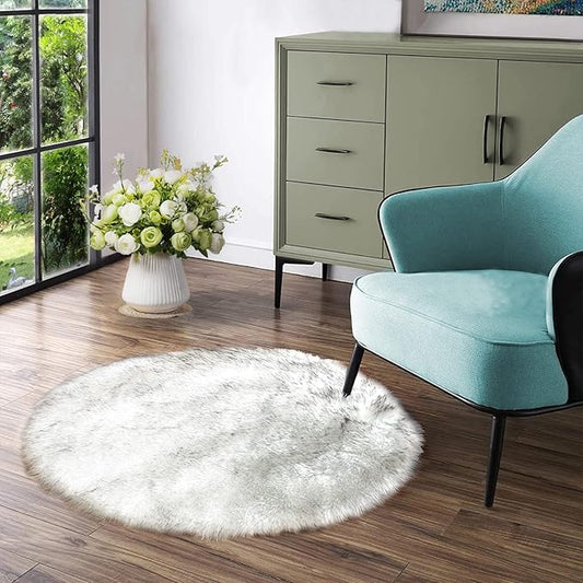 Latepis Small Circle Rug Round Rug 4ft Faux Sheepskin Fur Rug White with Grey Tips Machine Washable Area Rugs for Living Room Furry Shag Rug for Bedroom Floor Home Decor