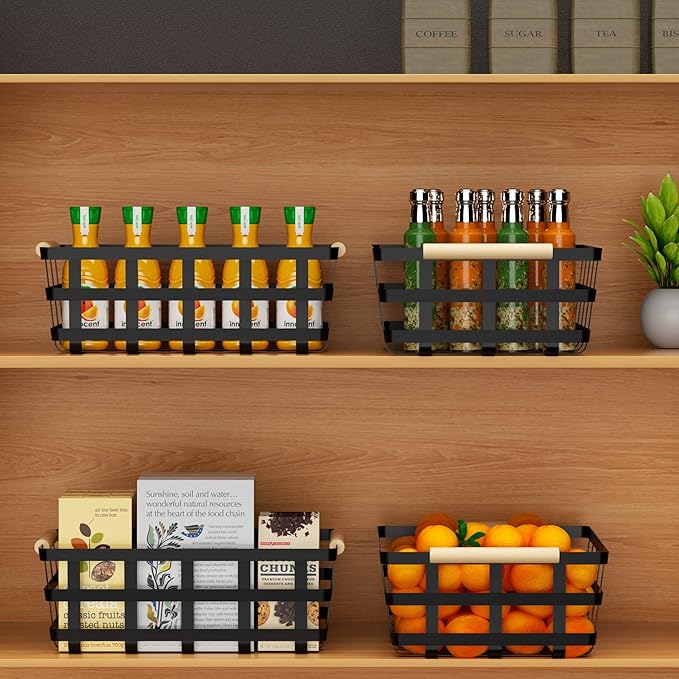 Large Metal Storage Baskets Bins Organizer Farmhouse Freezer Baskets for Pantry Cabinets Rustic Kitchen Counter Closet 4 Pack - Black