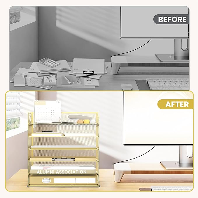 Daltack 6 Tier Paper Organizer for Desk, Paper Letter Tray Organizer for Desks, Mesh Desk File Organizers with Handle for Office, Home, School, Gold, 2 Pack