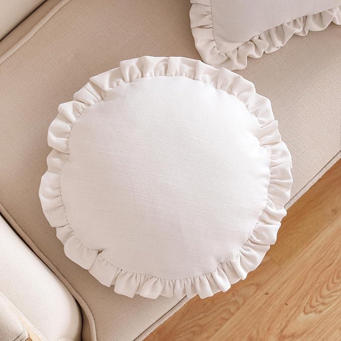 ISAENNE Classic White Round Throw Pillow Cover Diameter 16", Solid Color Cottage Linen Cotton Decoration Pillow Cover with Ruffles, Sturdy Throw Pillow Case for Couch Sofa Bed Living Room