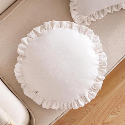 ISAENNE Classic White Round Throw Pillow Cover Diameter 16", Solid Color Cottage Linen Cotton Decoration Pillow Cover with Ruffles, Sturdy Throw Pillow Case for Couch Sofa Bed Living Room