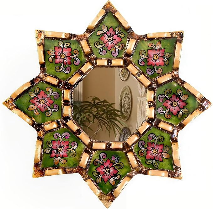 Peruvian starburst mirror Decorative Wall Mirror 11.8 Inch 2D Pattern Mirrors Small Decorative Mirrors for Living Room, Boho & Moroccan Style Mirror Wall Art with Wood Frame, Vintage Home Decor