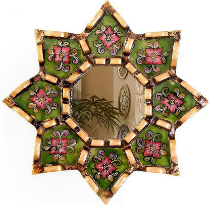 Peruvian starburst mirror Decorative Wall Mirror 11.8 Inch 2D Pattern Mirrors Small Decorative Mirrors for Living Room, Boho & Moroccan Style Mirror Wall Art with Wood Frame, Vintage Home Decor