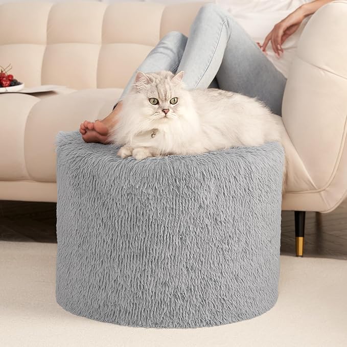 Hansleep Pouf Ottoman Foam Filled 20 x 15, Faux Fur Round Ottoman Foot Rest for Chair with Washable Cover, Foot Stools Under Desk for Living Room & Bedroom, Grey