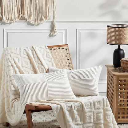 Fancy Homi 2 Packs Cream White Lumbar Decorative Throw Pillow Covers 16x32 Inch for Living Room Couch Bed, Rustic Farmhouse Boho Home Decor, Soft Striped Corduroy Rectangle Accent Cushion Case 40x80cm
