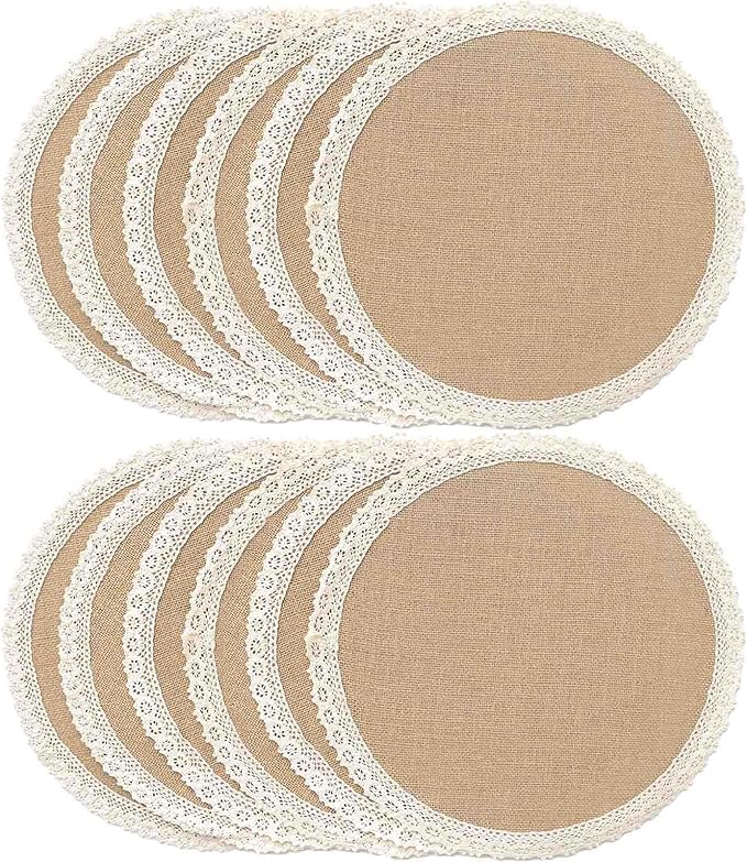 FunWheat Burlap Round Braided Placemats Set of 12 for Dining Tables 15 Inch Heat Resistant Jute Table Mats Farmhouse Woven Fabric Natural Place mats for Fall Decoration(Cotton Lace)