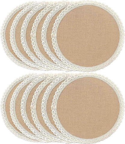 FunWheat Burlap Round Braided Placemats Set of 12 for Dining Tables 15 Inch Heat Resistant Jute Table Mats Farmhouse Woven Fabric Natural Place mats for Fall Decoration(Cotton Lace)