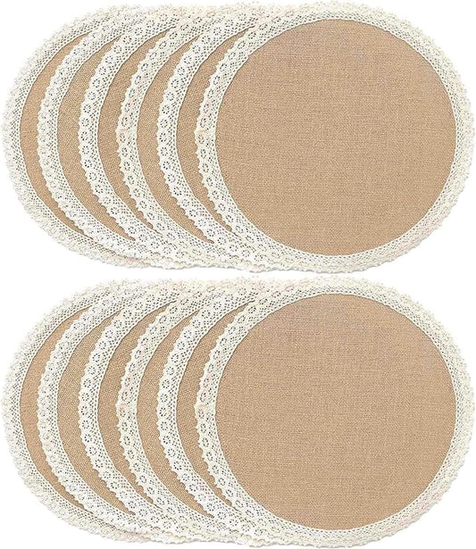 FunWheat Burlap Round Braided Placemats Set of 12 for Dining Tables 15 Inch Heat Resistant Jute Table Mats Farmhouse Woven Fabric Natural Place mats for Fall Decoration(Cotton Lace)