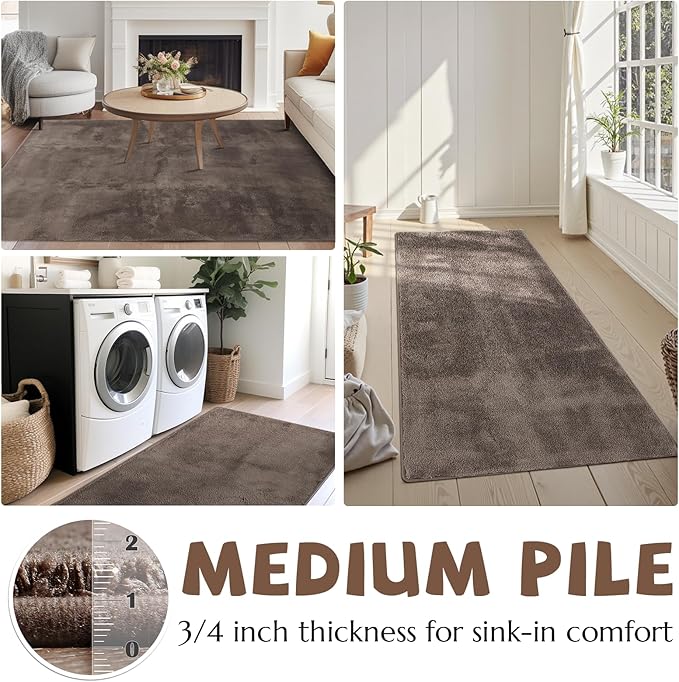 jinchan Solid Plush Runner Rug 2x5 Performance Shaggy Washable Hallway Rug Soft Modern Faux Wool Cozy Non Slip Carpet for Bedroom Laundry Room Living Room Kids Nursery Brown