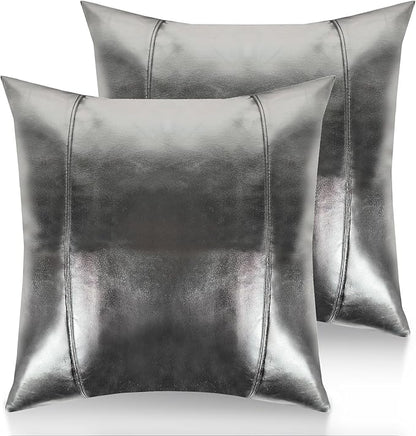Faux Leather Throw Pillow Covers 18X18 Inch Silve Outdoor Modern Farmhouse Solid Decorative Pillow Covers for Room Couch Living Bedroom Bed Sofa