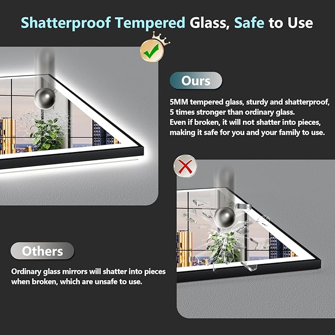 72x40 Inch Black Framed LED Bathroom Mirror with Lights, Backlit & Front Lit, Anti-Fog Lighted Vanity Mirrors for Bathroom Wall, Dimmable, 3-Color Light, Memory, Shatter-Proof, Tempered Glass