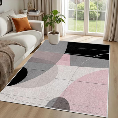 Abstract Art Line Living Room Area Rugs 8x10, Modern Boho Geometric Print Rug, Minimalist Washable Non Slip Neutral Soft Carpet for Bedroom, Dining Room Office Playroom, Black Gray