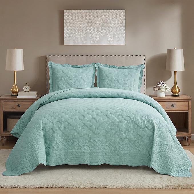 CHIXIN Cotton Bedspread Full Size - Real Stitching - Luxury Quilted Bedding Cover for All Season, Reversible, Ultra Soft, Lightweight, 3 Piece, Seaglass