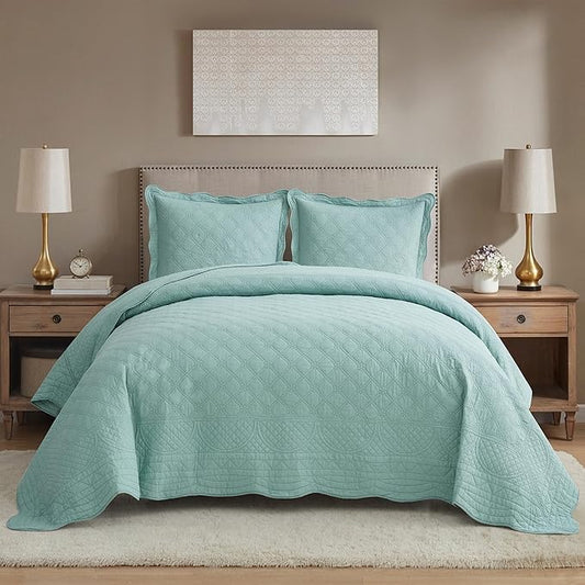 CHIXIN Cotton Bedspread Full Size - Real Stitching - Luxury Quilted Bedding Cover for All Season, Reversible, Ultra Soft, Lightweight, 3 Piece, Seaglass