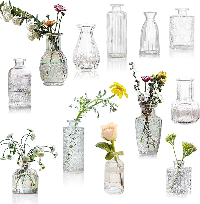 Glass Bud Vases Set of 12, Small Clear Vases for Centerpieces, Mini Glass Vases in Bulk, Vintage Vases Assorted Tiny Flower Vase for Baby Shower Wedding Floral Arrangements Home Table Decorations