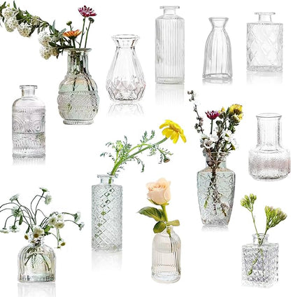 Glass Bud Vases Set of 12, Small Clear Vases for Centerpieces, Mini Glass Vases in Bulk, Vintage Vases Assorted Tiny Flower Vase for Baby Shower Wedding Floral Arrangements Home Table Decorations