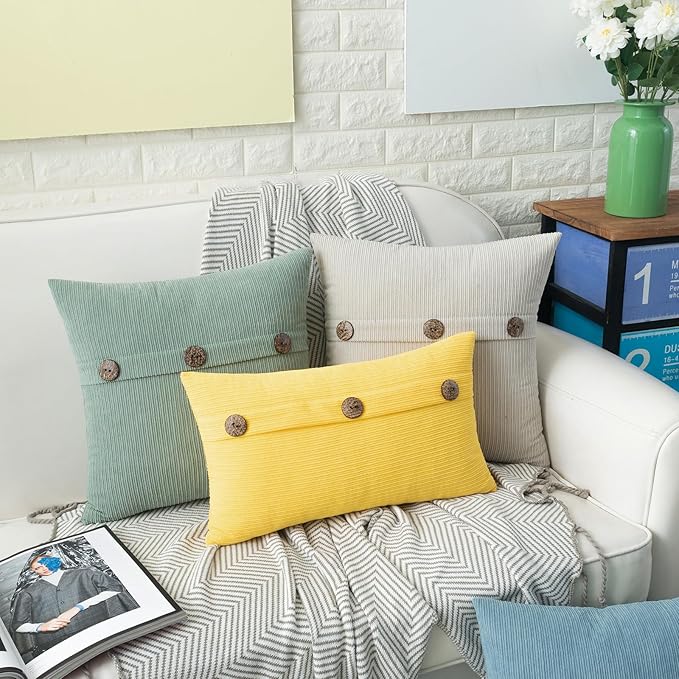 HWY 50 Cream White Chenille Throw Pillow Covers 18x18 Inch with Triple Buttons, Soft Farmhouse Accent Decorative Cushion Cases for Couch Sofa Bed Living Room Bedroom Pack of 2