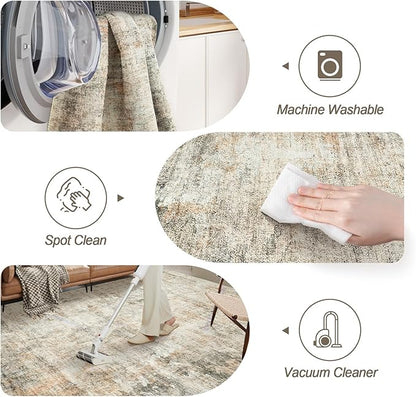 9x12 Area Rugs for Living Room, Non-Slip Machine Washable Vintage Rugs, Abstract Low Pile Lightweight Large Rug for Bedroom, Dining Room, Home Office Orange