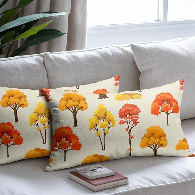 Fall Lumbar Pillow Covers 12x20 Set of 2 Red Orange Maple Tree Leaf Autumn Outdoor Pillows Case with Zipper Forest Print Pattern Decorative Cushion Rustic Decoration Farmhouse Sofa Couch Bed Decor