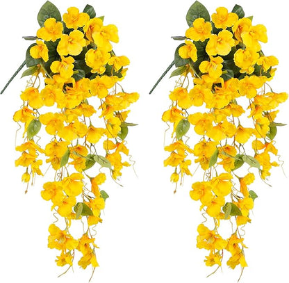 Fake Hibiscus Artificial Hanging Flowers Plants for Outdoors Spring Decoration, 4pcs Silk Hibiscus Vines Realistic UV Resistant Yellow Faux Flowers for Outside Planter Porch Patio Yard Wedding Party